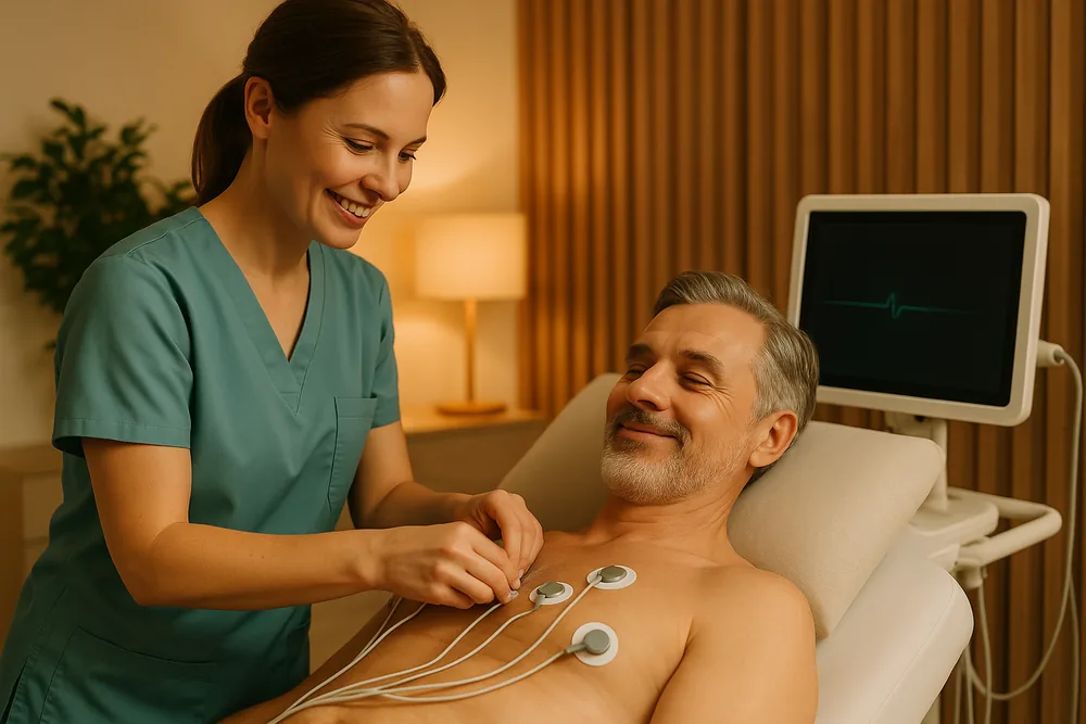 Zdravotná sestra pripája pacientovi ležiacemu na lôžku elektródy EKG. Monitor s tlkotom srdca stojí hneď vedľa, v izbe je teplé svetlo lampy.